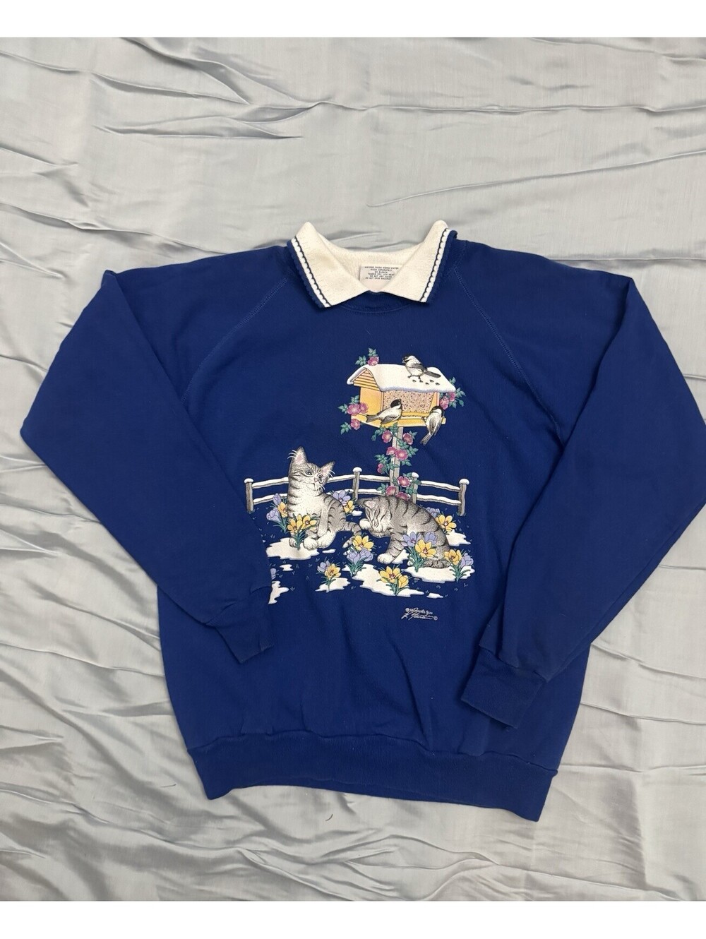 Vintage Morning Sun Cat Sweatshirt Large Blue Floral Birdhouse Collared 90s